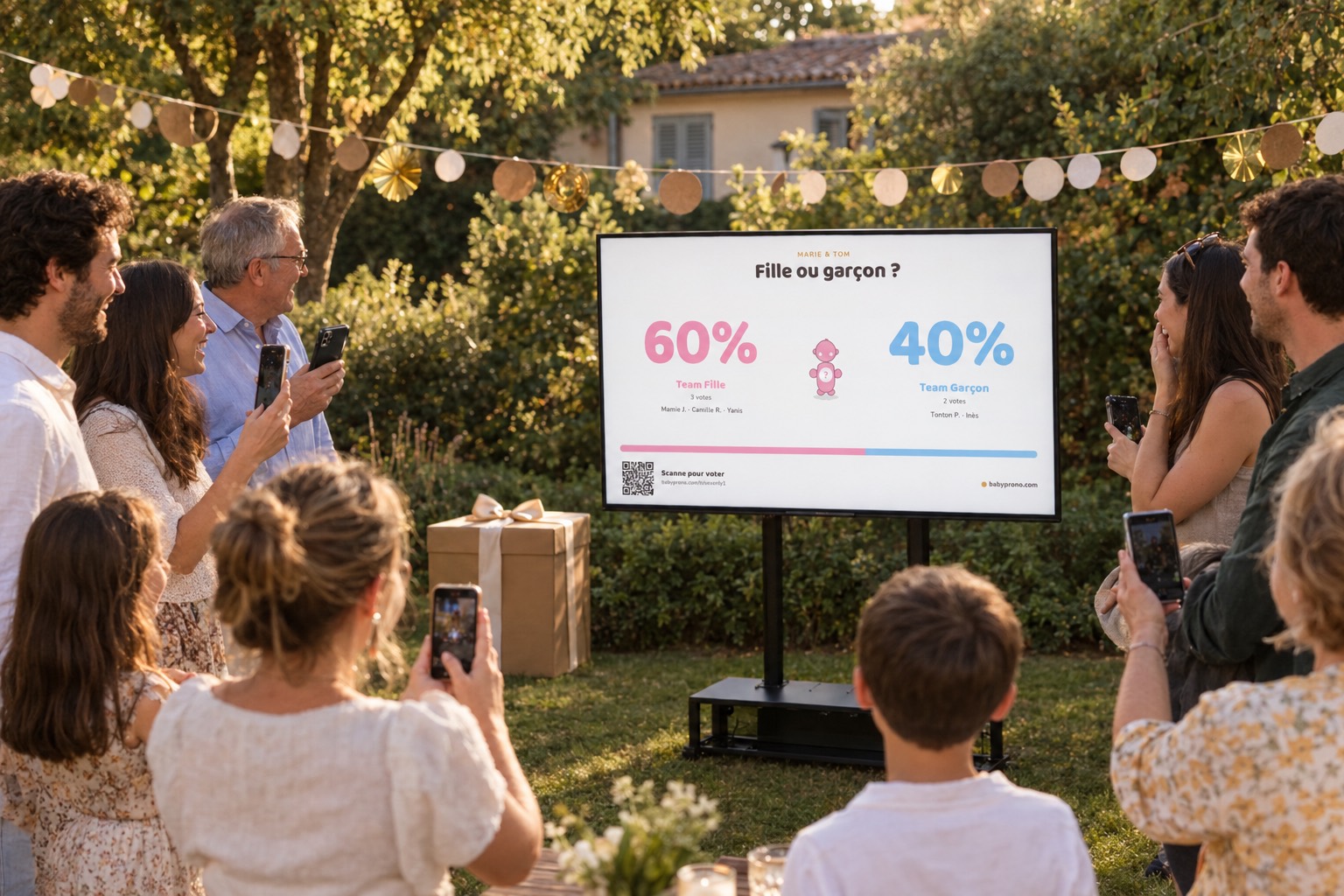 Gender reveal dans un jardin : les invités, téléphone en main, devant une télé qui affiche le vote Team Fille 60 % et Team Garçon 40 %, la boîte de révélation encore fermée